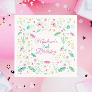 White Whimsical Garden Butterfly Girls Birthday Napkin