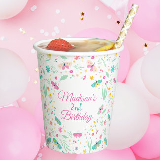 White Whimsical Garden Butterfly Girls Birthday Paper Cups