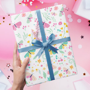 White Whimsical Garden Butterfly Girls Birthday Wrapping Paper