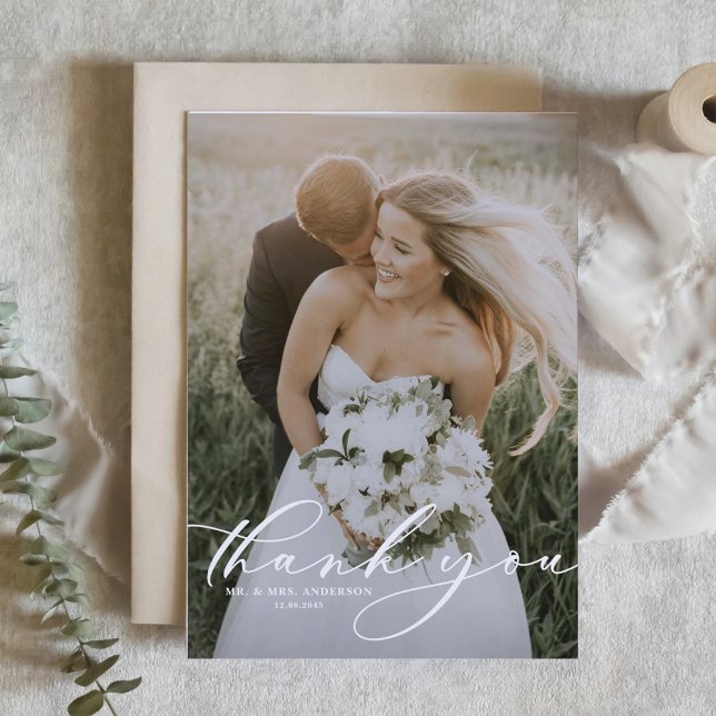 White Whimsical Script Overlay Photo Wedding Thank You Card (Creator Uploaded)