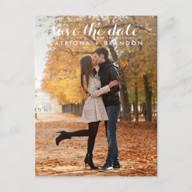 WHITE WHIMSICAL SCRIPT SAVE THE DATE POSTCARD (Front)