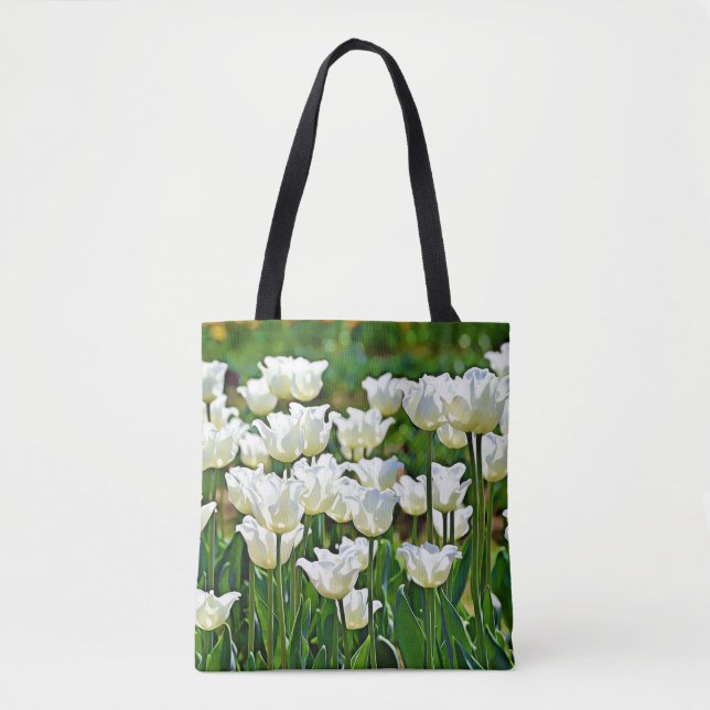 White Whimsical Tulips Flower Art Tote Bag (Front)