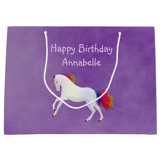 White Whimsical Unicorn Rainbow Colours on Purple Large Gift Bag (Front)