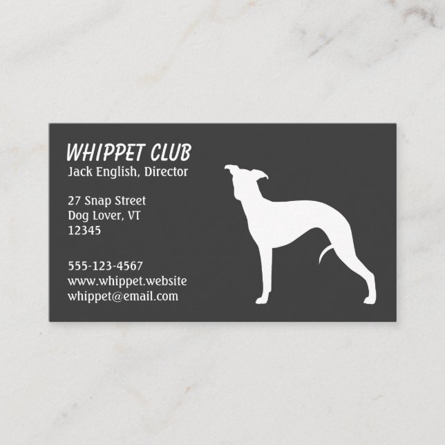 White Whippet Dog Silhouette | Pet Services Grey Business Card (Front)