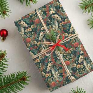 White Whippet or Iggie William Morris Style Floral Wrapping Paper