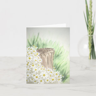 White wild daisies by tree stump in nature - blank card