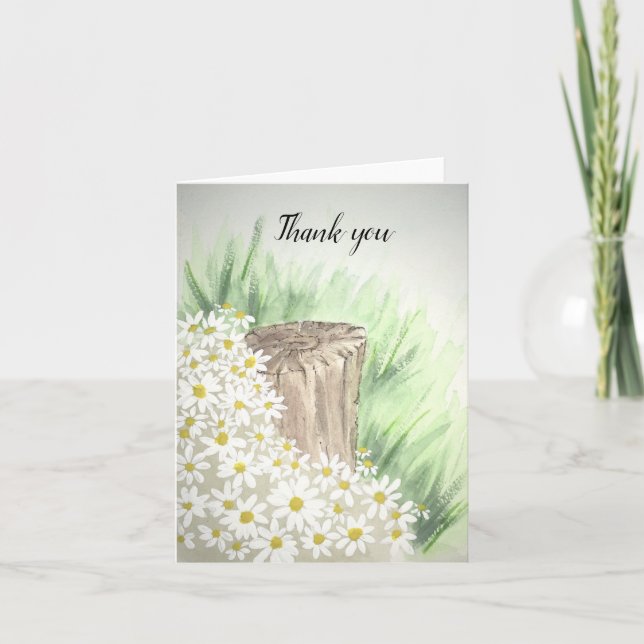 White wild daisies by tree stump- thank you -blank card (Front)
