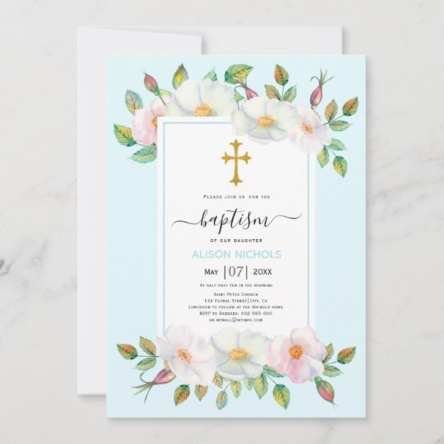 White wild dog rose pale blue floral Baptism Invitation (Front)