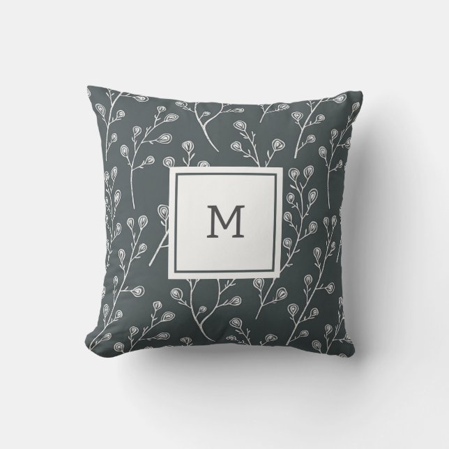 White Wild flower pattern monogram Cushion (Front)