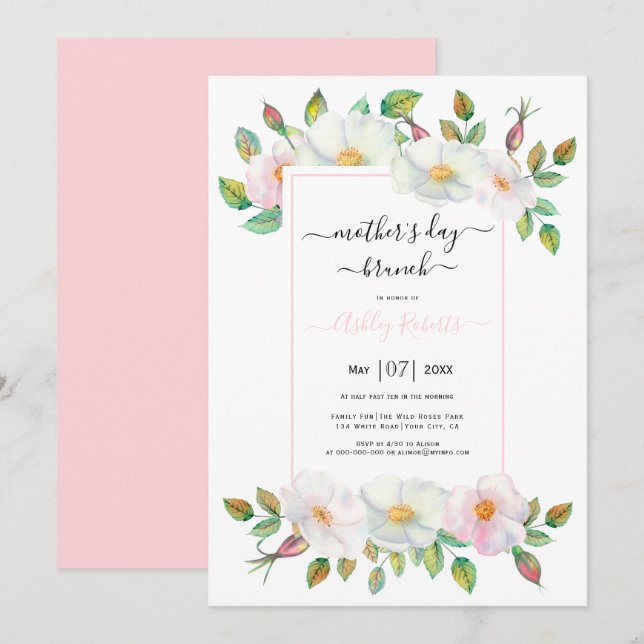White wild rose pink floral mothers day brunch  invitation (Front/Back)