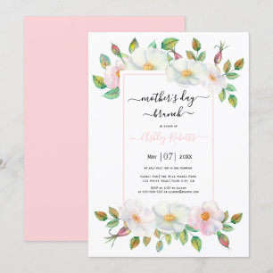 White wild rose pink floral mothers day brunch  invitation