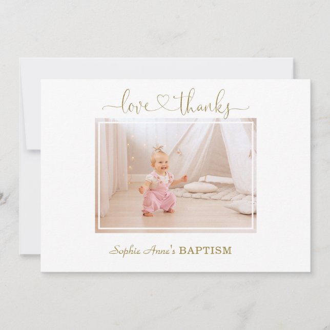 White Wild Roses Calligraphy Girl Photo Baptism Thank You Card (Front)