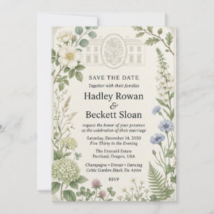 White Wild Roses, Cornflowers, Foxgloves, Hydrange Invitation