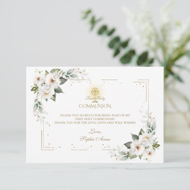White Wild Roses Gold First Holy Communion  Thank You Card (Standing Front)