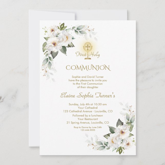 White Wild Roses Gold Glitter First Communion Invitation (Front)