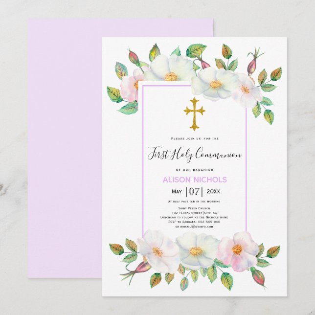 White wild roses lavender floral First Communion Invitation (Front/Back)
