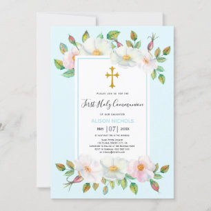 White wild roses pale blue floral First Communion  Invitation