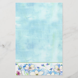 White Wildflower Blue Watercolor Wash Stationery