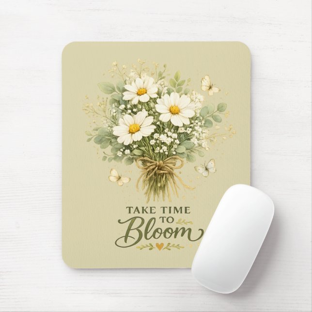 White Wildflower Bouquet Mouse Mat (With Mouse)