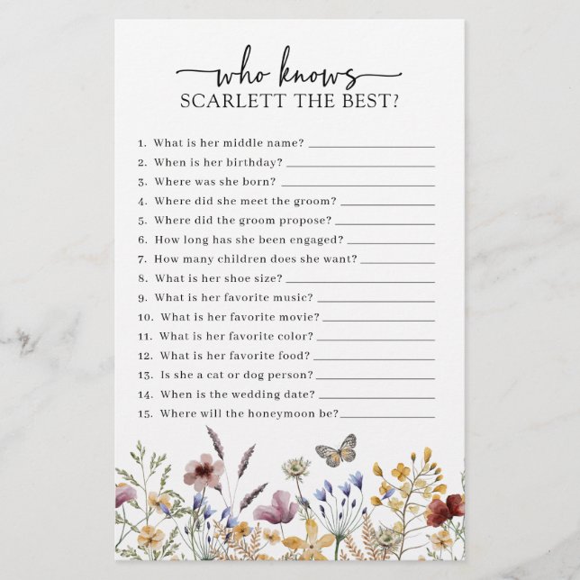 White Wildflower Bridal Shower Game (Front)