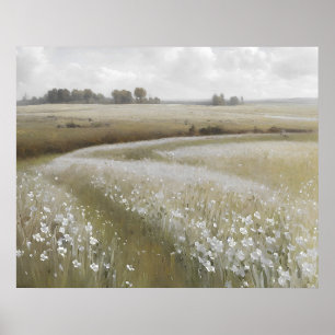 White wildflower meadow oil painting poster