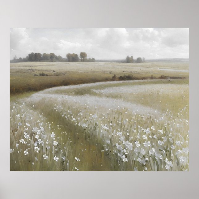 White wildflower meadow oil painting poster (Front)