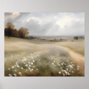 White wildflower meadow painting - vintage poster