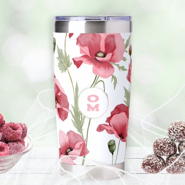 White Wildflower Monogram Pink Poppy Romantic Insulated Tumbler (Romantic Pink Poppy Monogram Insulated Tumbler ©Susanne Sachers - Sunny Mind 🌞)