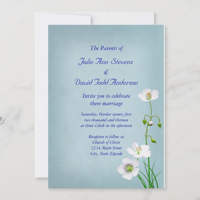 White Wildflower on Blue Wedding Invitation (Front)