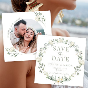 White wildflower Save the Date photo invitation