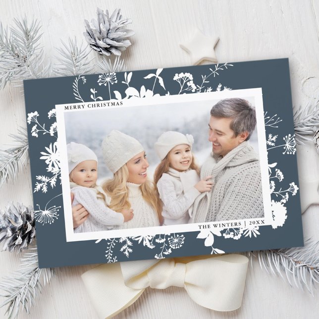 White Wildflower Silhouette Christmas Photo Navy Holiday Card (Creator Uploaded)