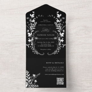 White Wildflower Silhouette Wreath Wedding Black All In One Invitation