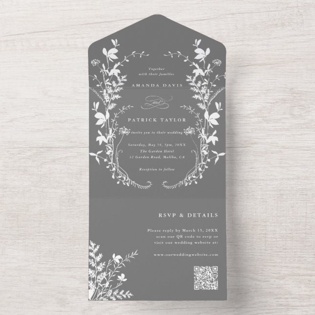 White Wildflower Silhouette Wreath Wedding Grey All In One Invitation (Inside)