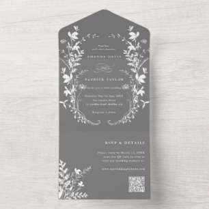White Wildflower Silhouette Wreath Wedding Grey All In One Invitation
