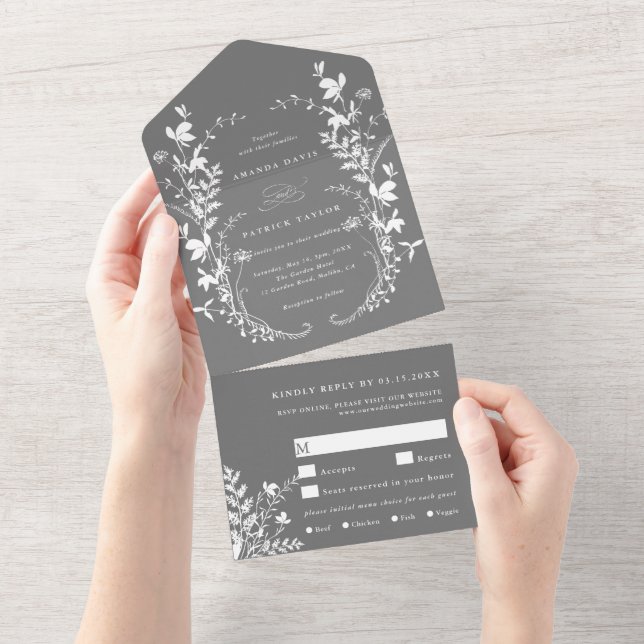 White Wildflower Silhouette Wreath Wedding Grey All In One Invitation (Tearaway)