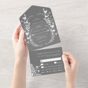 White Wildflower Silhouette Wreath Wedding Grey All In One Invitation