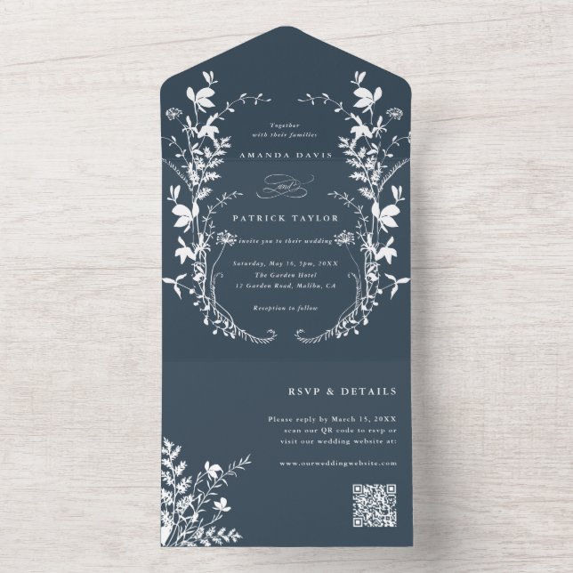 White Wildflower Silhouette Wreath Wedding Navy All In One Invitation (Inside)