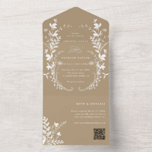 White Wildflower Silhouette Wreath Wedding Tan All In One Invitation