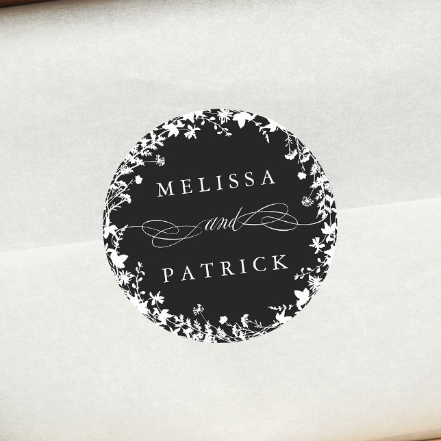 White Wildflower Wreath Silhouette Wedding Black  Classic Round Sticker (Creator Uploaded)