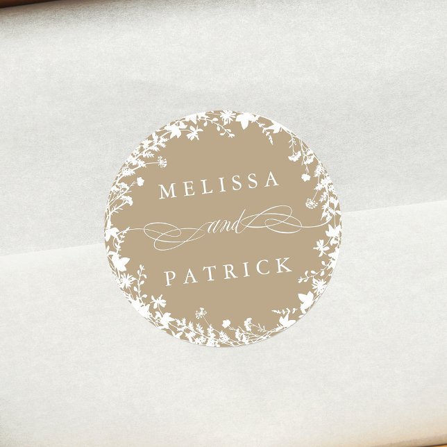 White Wildflower Wreath Silhouette Wedding Tan Classic Round Sticker (Creator Uploaded)