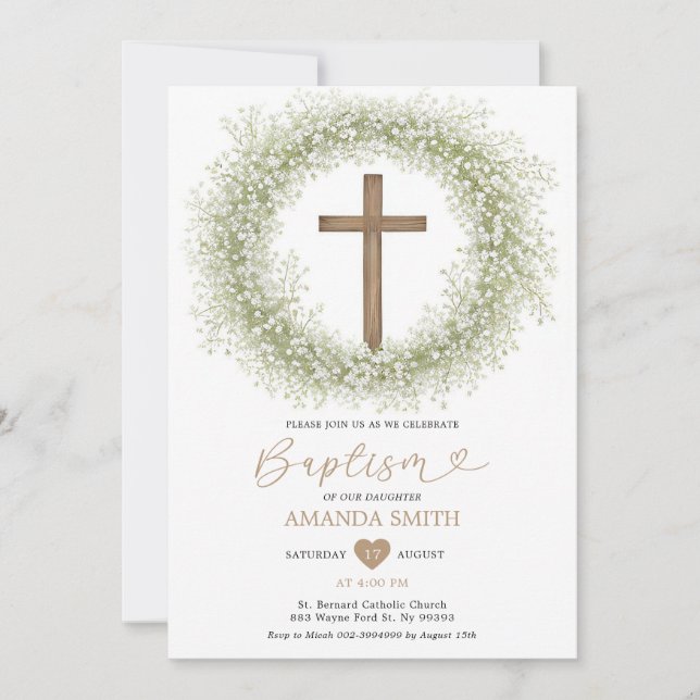 White Wildflowers Baby's Breath Cross Girl Baptism Invitation (Front)