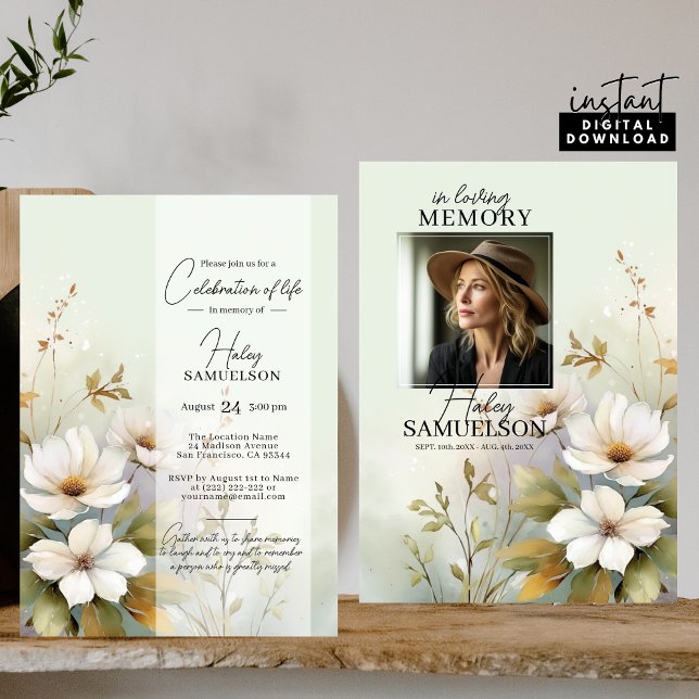 White Wildflowers Celebration of Life | PHOTO Invitation (White Wild Flowers Celebration of Life  PHOTO Invitation)