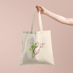 White wildflowers in watercolor with initial 1side tote bag