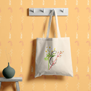 White wildflowers in watercolor with your initial. tote bag