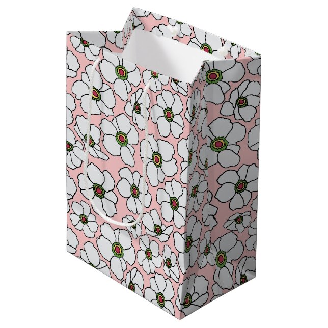White Wildflowers On Pink Medium Gift Bag (Front Angled)