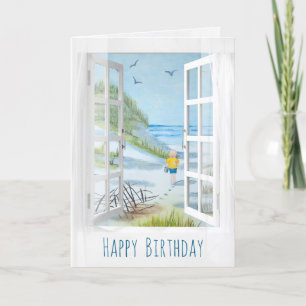 white window and curtain seashore birthday card