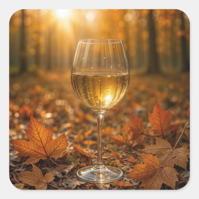 White Wine Glass In Autumn Maple Leaves Square Sticker (Front)