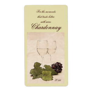 white wine glasses with grapes wine label