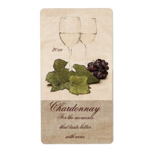 white wine glasses with grapes wine label