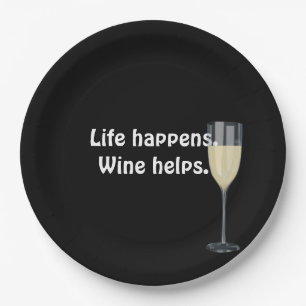 white wine with quote on black paper plate